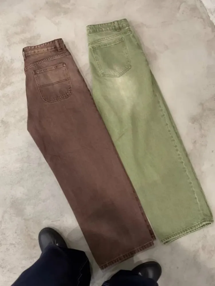 Nam Chân Thẳng Ống Rộng Áo Dạo Phố Quần Jean Thời Trang Xanh Matcha Rửa Sạch Gradien Quần Denim Bông Tai Kẹp Unisex Dáng Rộng