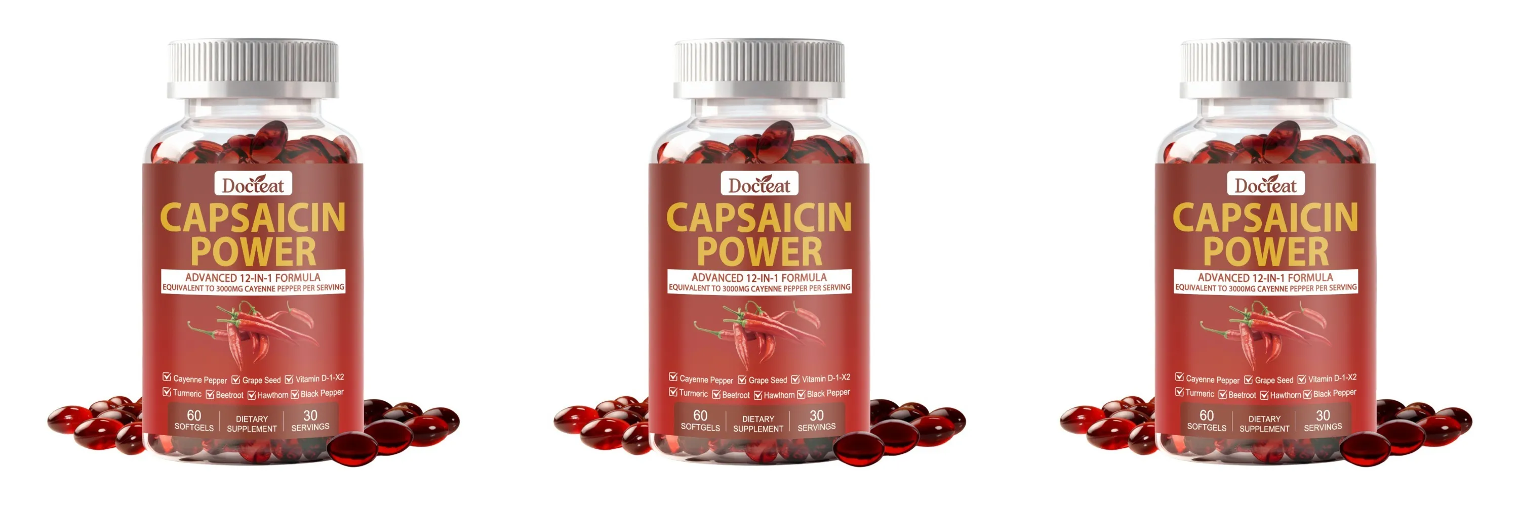 Capsaicin Power 12-in-1 Cayenne Pepper Supplement 60 Softgels Turmeric Beetroot Grape Seed Black Pepper Daily Metabolism Support