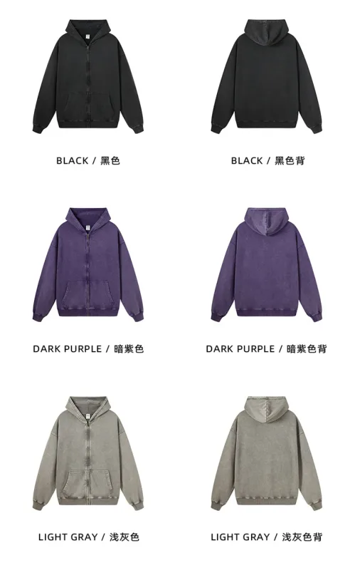 Retro Autumn Batik Washed Zipper Hoodie For Men Unisex Oversized Distressed 420gsm Terry 100% Cotton Hooded Coats HY0936