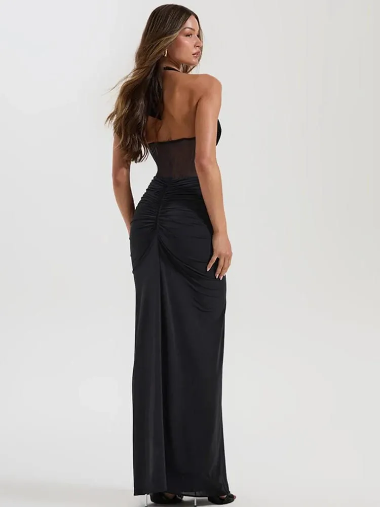 MO Patchwork Sexy Deep V-neck Halter Women Maxi Dress Backless See Through Dress Summer Slim Elegant Party Evening Dress