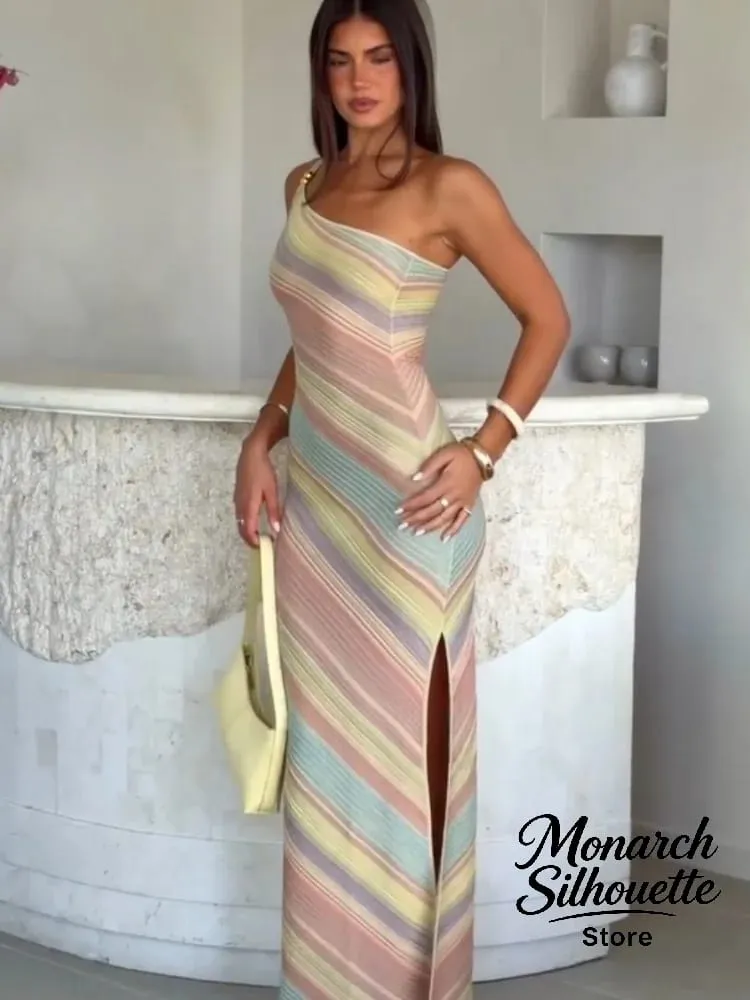 Color Blocked Printed Long Dress Women Elegant Off Shoulder Waist Cinching High Split Vestidos 2026 Lady Daily Vacation Wear New