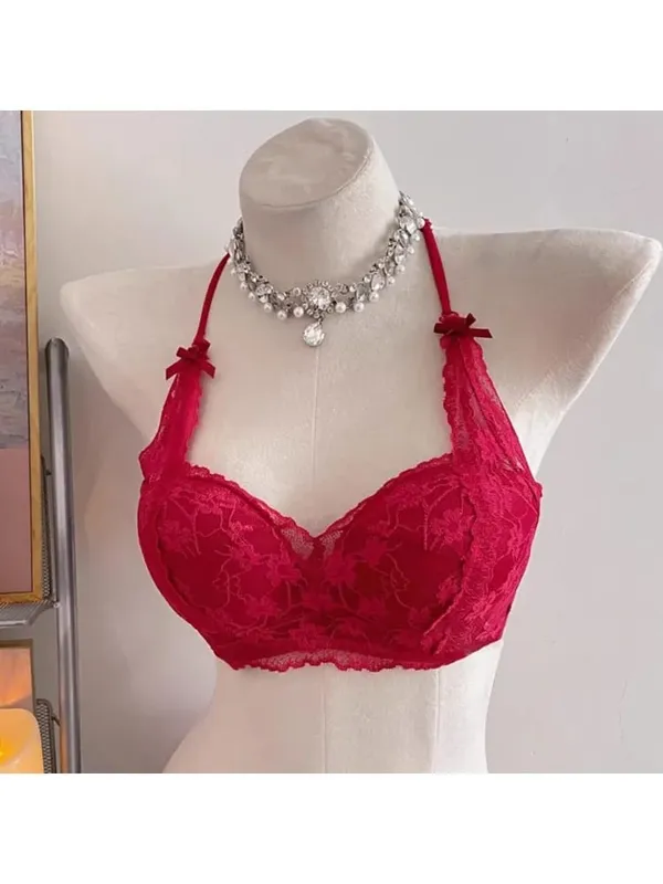 Sweet Halter Neck Bow Lace Wireless Bra Sujetador Push-up Acolchado Señoras Capas Lencería íntima para busto pequeño Tamaño 32-38 ABC