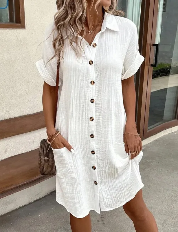 Kadınlar için moda Gevşek Elbise Tek Göğüslü Raglan Kollu Cepli Elbiseler Kadın Yaz Tunik Kısa Gömlek Elbise Ofis Bayan