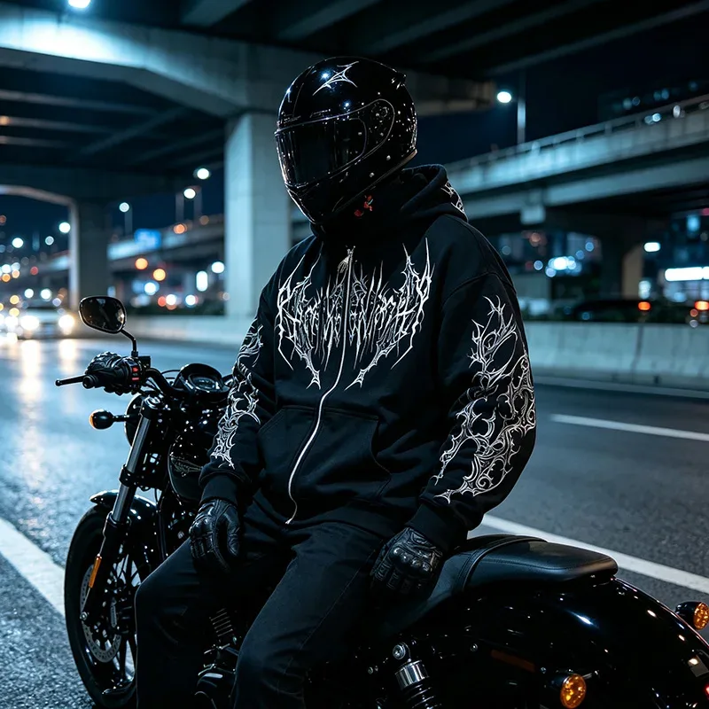 Men Alt Gothic Zip Up Hoodie Y2k High Street American Style Dark Thorn Print Fleece Lined Loose Biker Fall Winter Sweatshirt