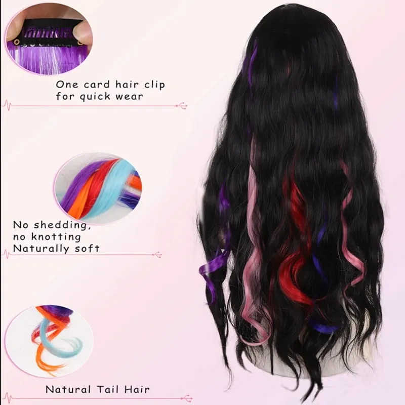2 STUKS Regenboog Gemengde Kleur Clip In Hair Extensions 20 Inch Krullend Synthetisch Haar voor Meisjes Vrouwen Halloween Cosplay Party
