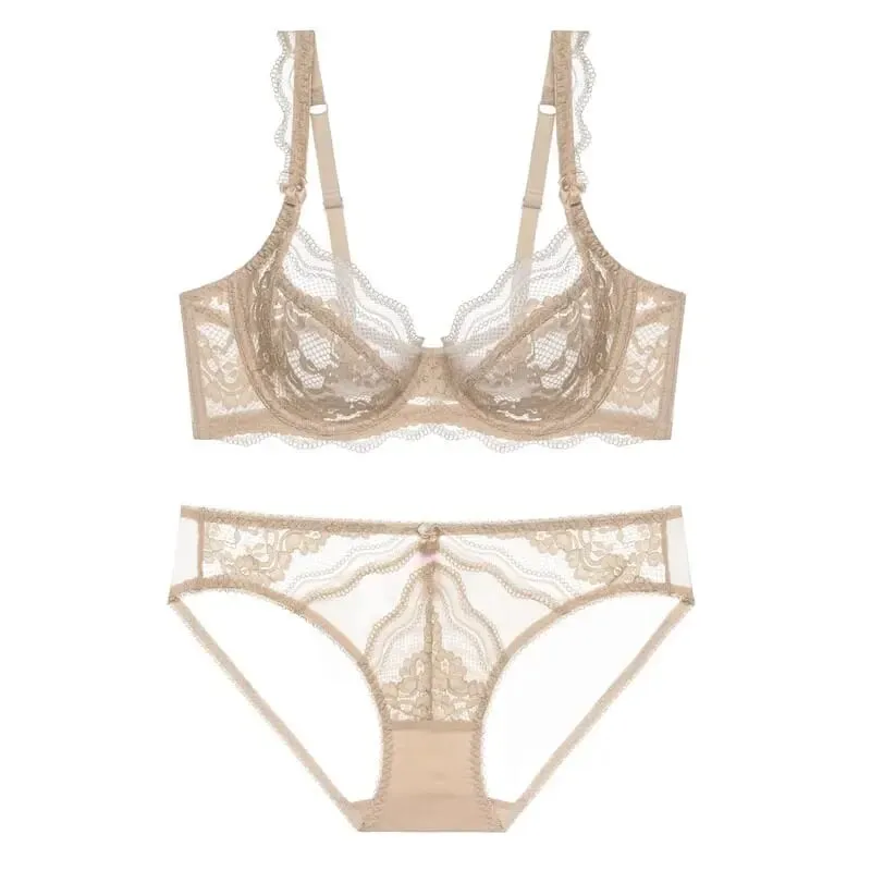 Plus Size Full Bust Minimizer Bra Set Sheer Floral Lace Thin Anti Sag Support Transparent Underwear Women Breathable Intimates