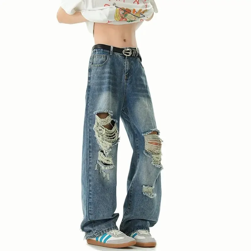 New Spring/Autumn Fashion Solid Color American Retro Straight Leg Ripped Jeans Men's Casual Loose Fit Sports High Quality Jeans