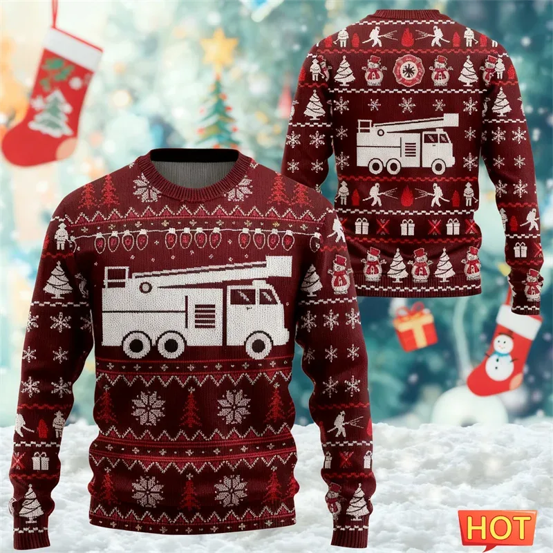 Fashion Fire Truck Graphic Ugly Christmas Sweater For Men Trendy Streetwear 3D Printed O Neck Sweatshirts Loose Streetwear Tops — image 4
