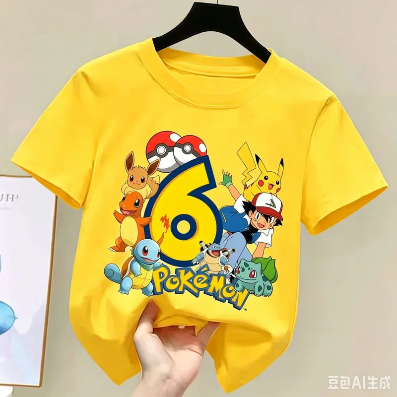 2026 Pikachu Kids Children T Shirts Birthday Number 1-9 Printed T Shirt Boys Girls Summer Short Sleeves Tops Children Clothing