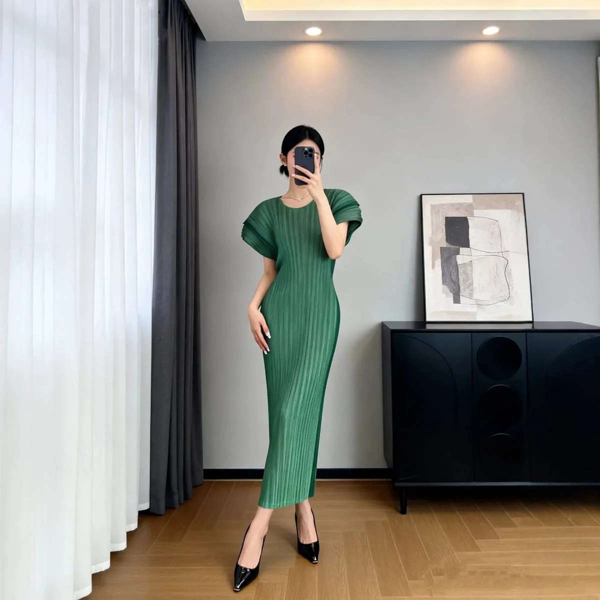 Miyake Stretch Pleated Slim Long Dress for Women Round Neck Short Sleeve Elegant Bodycon Midi Party Casual Dresses