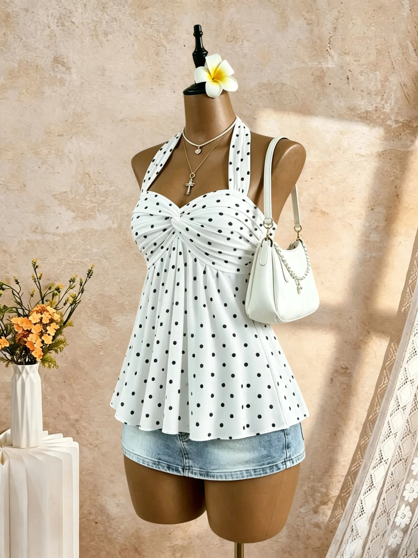 Women Halter Twist Front Sweetheart Neck Flared Peplum Camisole 2026 Summer Y2K Solid White Sleeveless Flowy Beach Vacation Tank