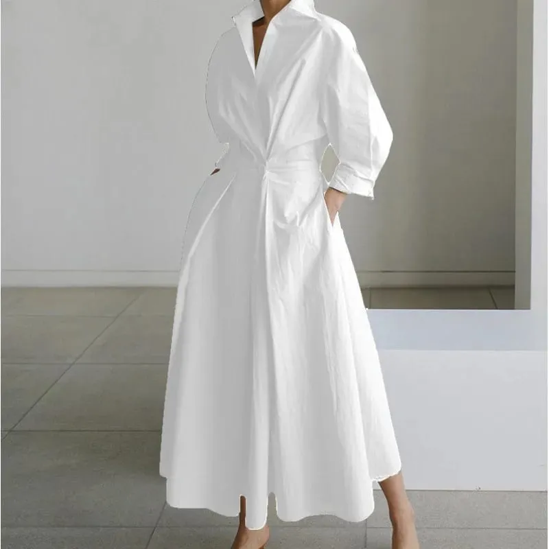 Elegant Women's Summer Dresses 2026 Loose A Line Maxi Shirt Long Sleeve With Pockets Office Commuter Street Casual Long Dress