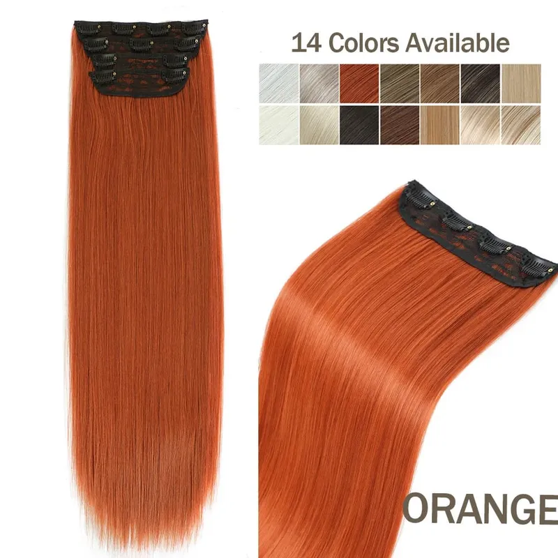 Synthetic Clip In Hair Extension 200g 24 Inches Straight Orange Brown Blonde Heat Temperature Fiber 4Pcs Clip Ins Hairpieces