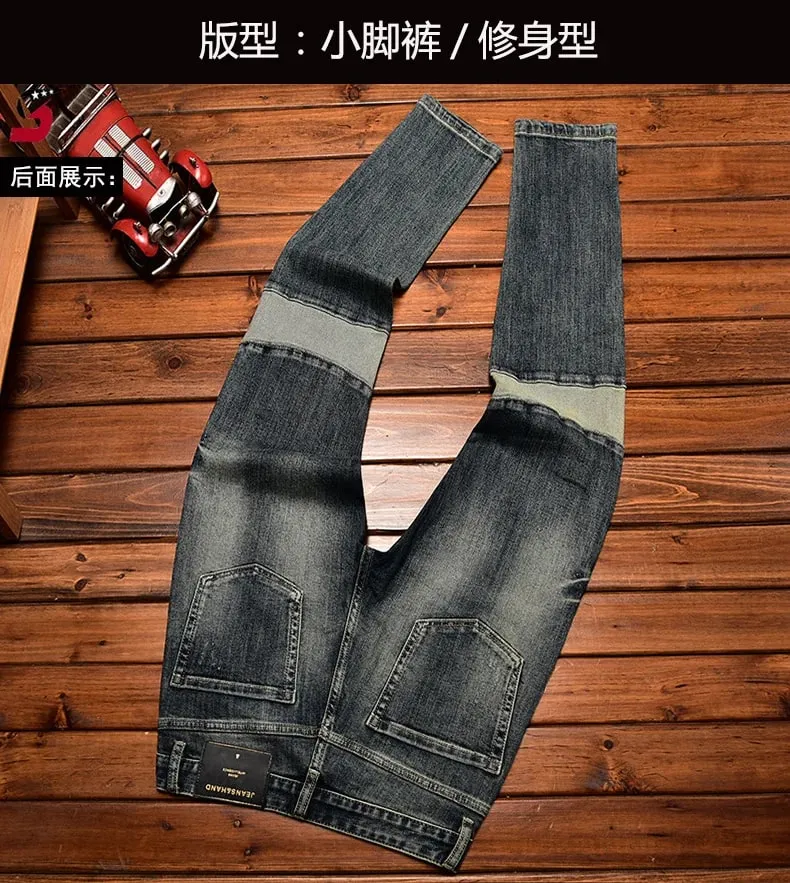 High-End Jeans Pánská podzimní a zimní móda roztrhaná nášivka Pu Shuai vyšívané Slim Fit úzké strečové kalhoty s potiskem