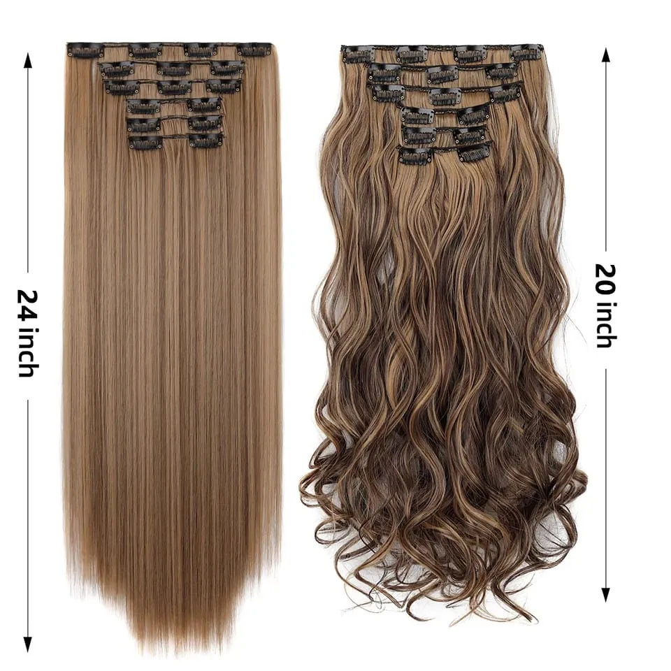 24Inch Clip in Hair Extensions Invisible Synthetic Extension 6PCS Long Straight Heat Resistant Clips on Hairpieces for Women