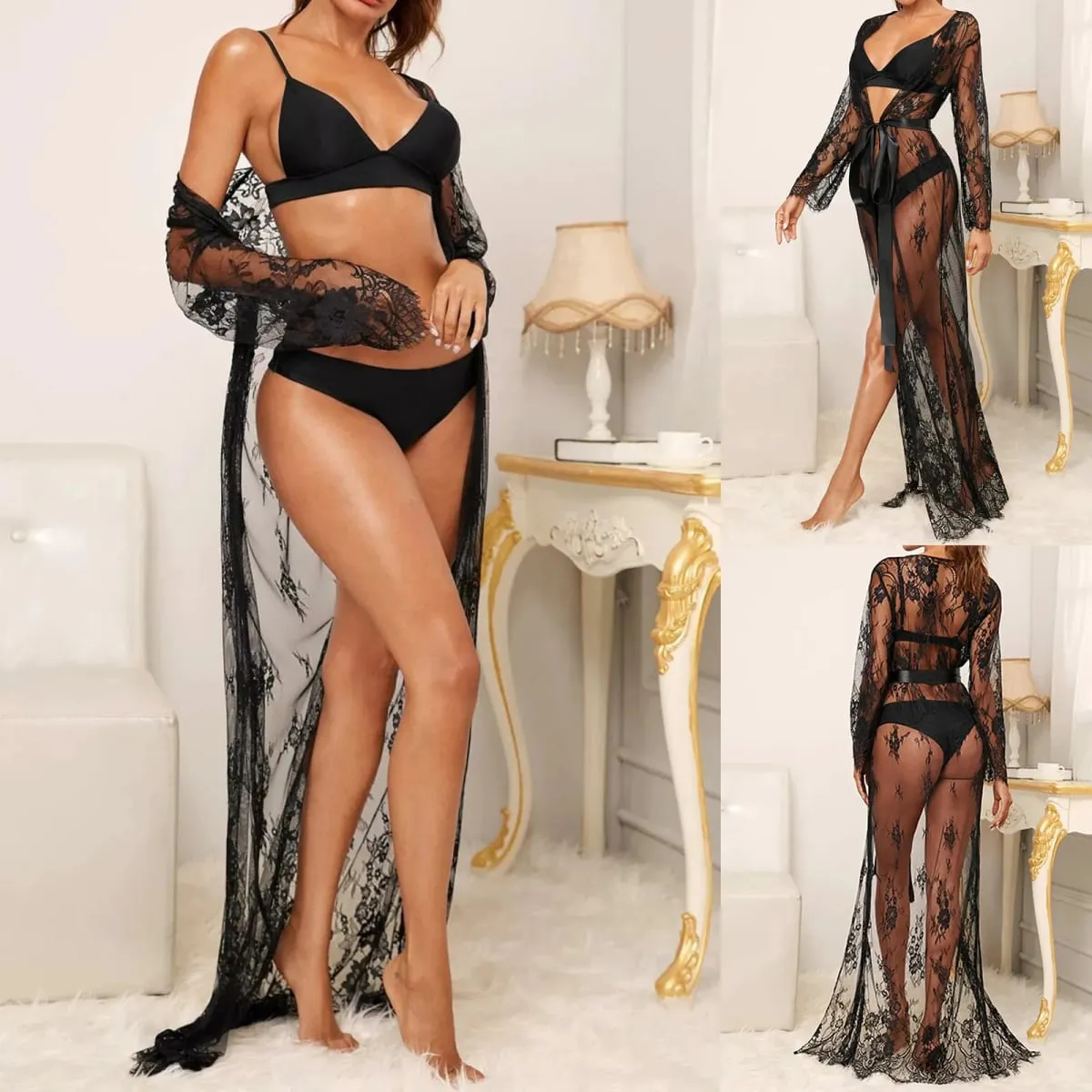 Women'S Sexy Seductive Simple Long Sleeved Lace Long Skirt Sexy Jumpsuit Sexy Lingerie For Fine Women 속옷도착증