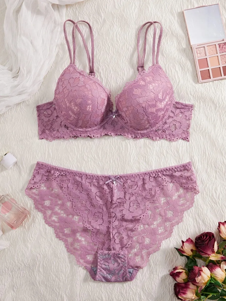 Women's Sexy Lingerie Set Lace Patchwork Solid Color Bowknot Rhinestone Embellished Push-Up Double Shoulder Strap Unlined Comfortable Underwear Lace Semi-Transparent Breathable Panties