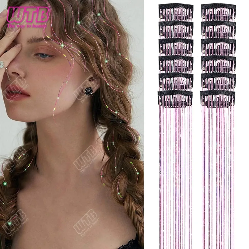 Tinsel Clip In 20Inch Glitter Tinsel Hair Extensions Clip In Hair Tinsel Kit Heat Resistant Shiny Sparkle Fairy Hair Accessories