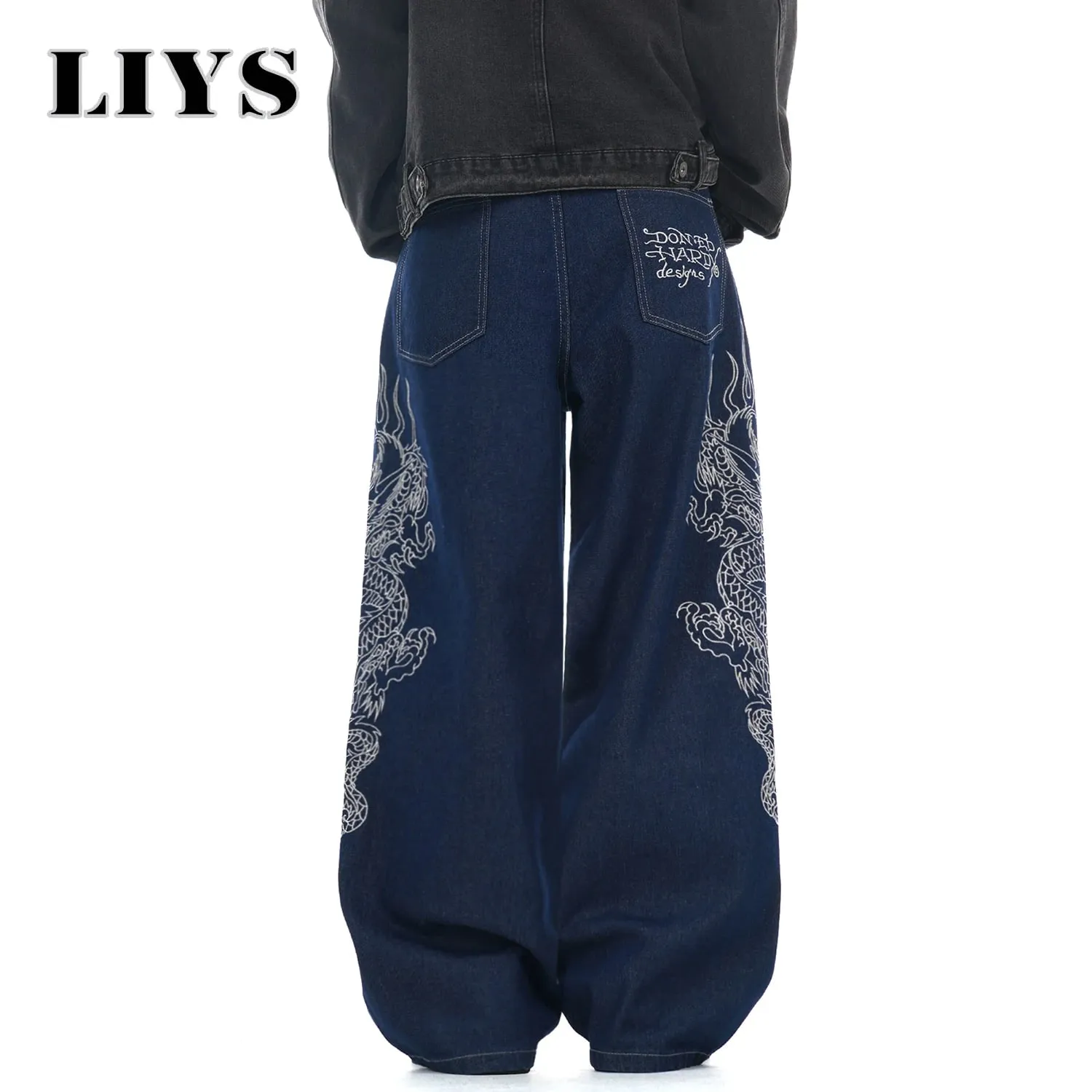 New Men's Blue Baggy Dragon Embroidered Wide Leg Jeans Spring Summer Classic Blue Baggy Washed Denim Pants Unisex Clothing