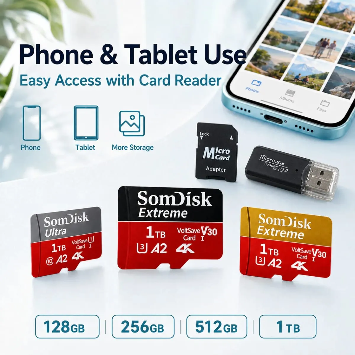 Durable Micro TF/SD Card 64GB 128GB 256GB 512GB Fast Transfer SD Memory Card USB Flash Memory Card for Mobile Phones/PC/Laptop