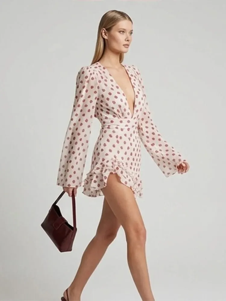 Sweet Rose Print Ruffle Mini Dress Deep V Neck Long Puff Sleeve Ruched Waist Dresses Spring Sweet Café Meetup Vestido 2026