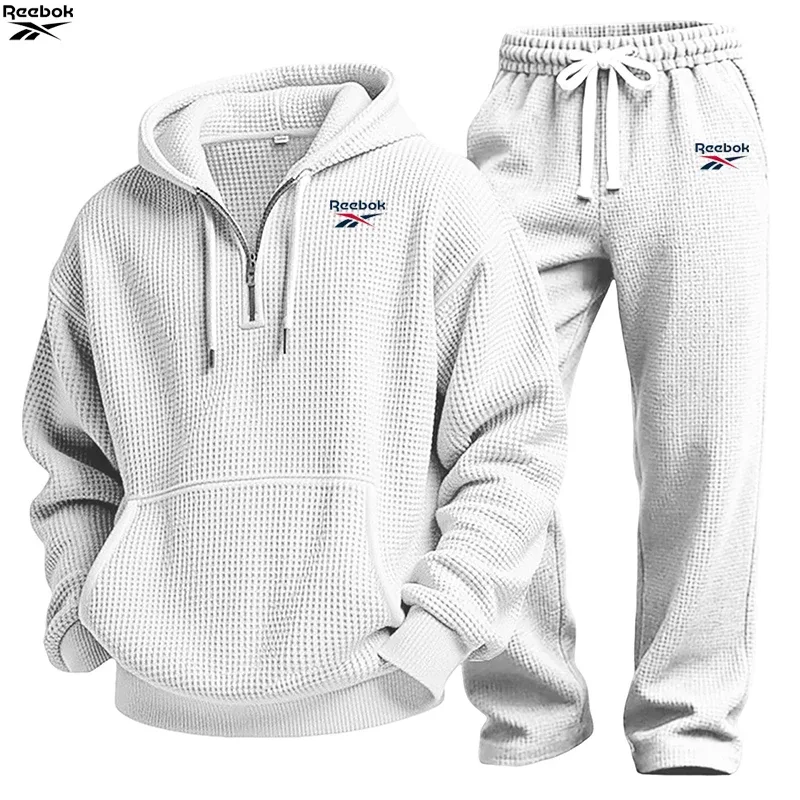 2026 Reebok Brand Spring-Autumn Men's Hooded Sweatshirt Set - Retro Solid Color Loose Fit Street Style Half-Zip Hooded Shirt - C