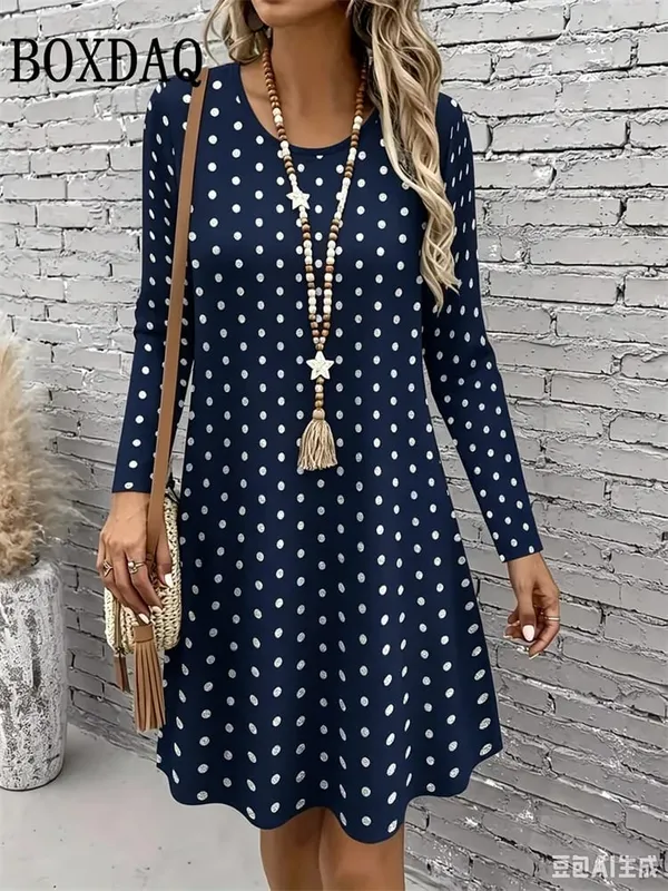 Polka Dot 3D Print Dresses For Women 2026 Autumn Fashion Long Sleeve A-Line Dress Women Casual O-Neck Loose Home Dress Vestidos