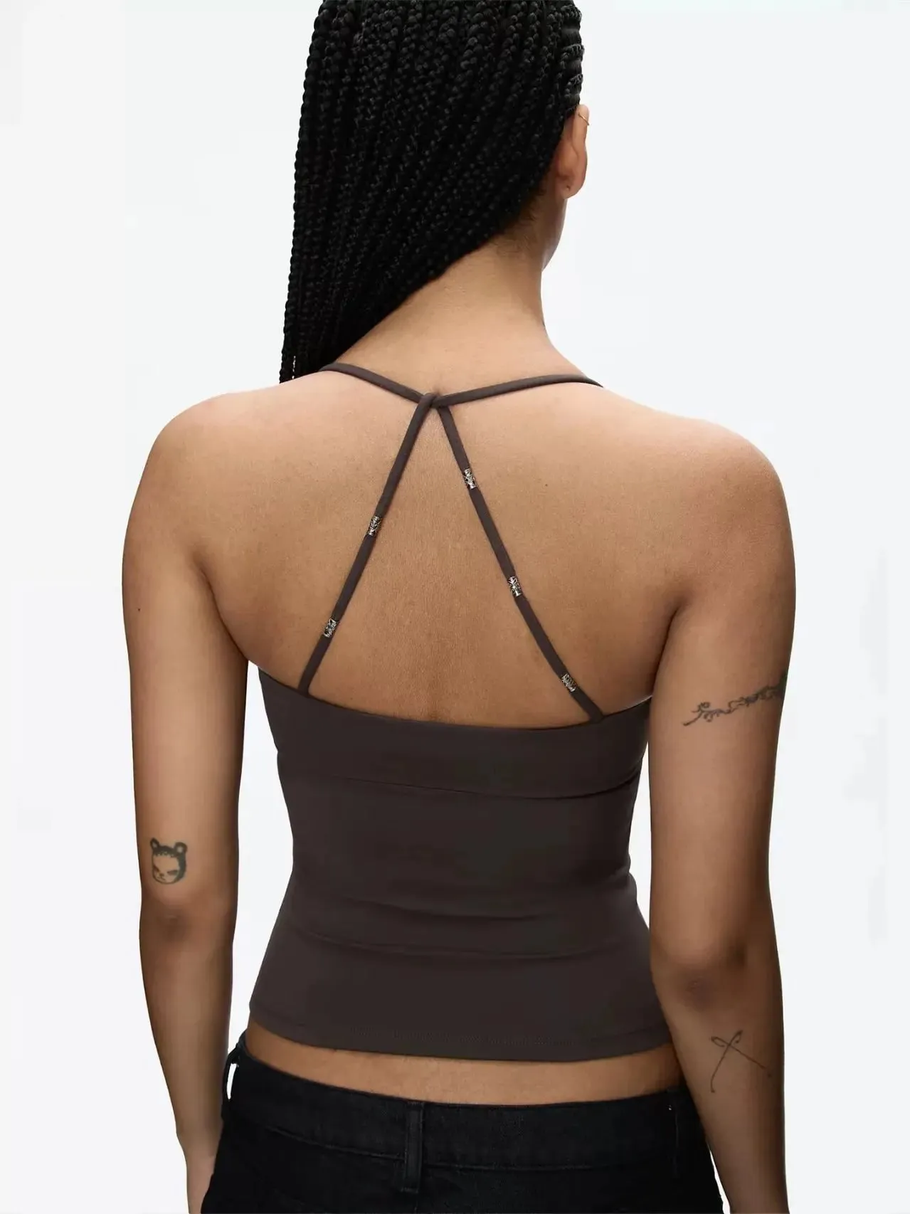 Tank Low-Cut Fitted Vest with Wrap-Around Shoulder Straps Embossed Beaded Stretch Knit Tank Top