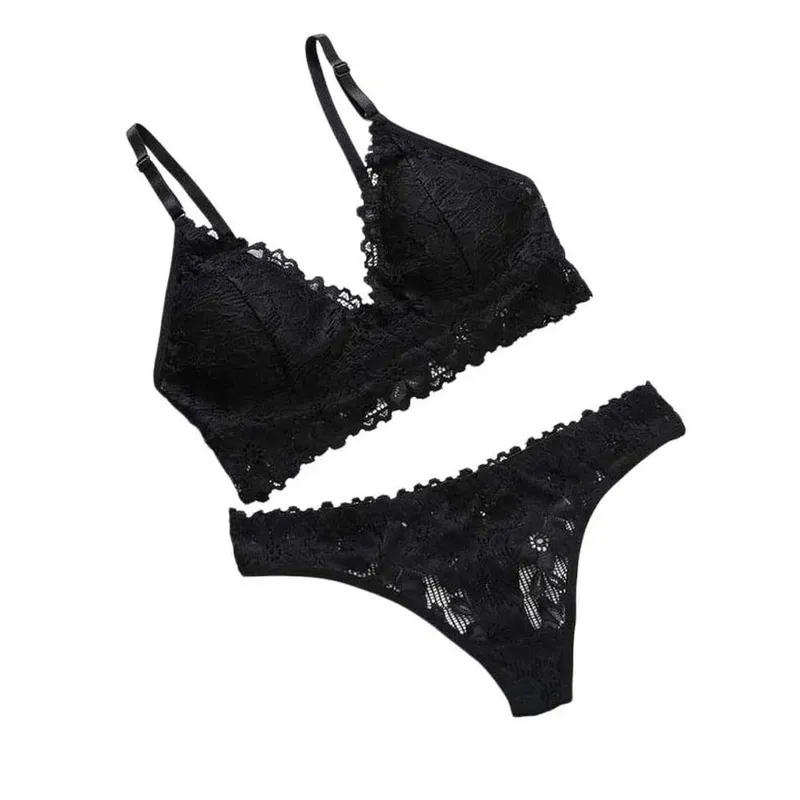 Fashion V Neck Lace Flower Bra Set Solid Color Low Waist Floral Panties Bra Kit Lingerie Thong Lace Underwear Women