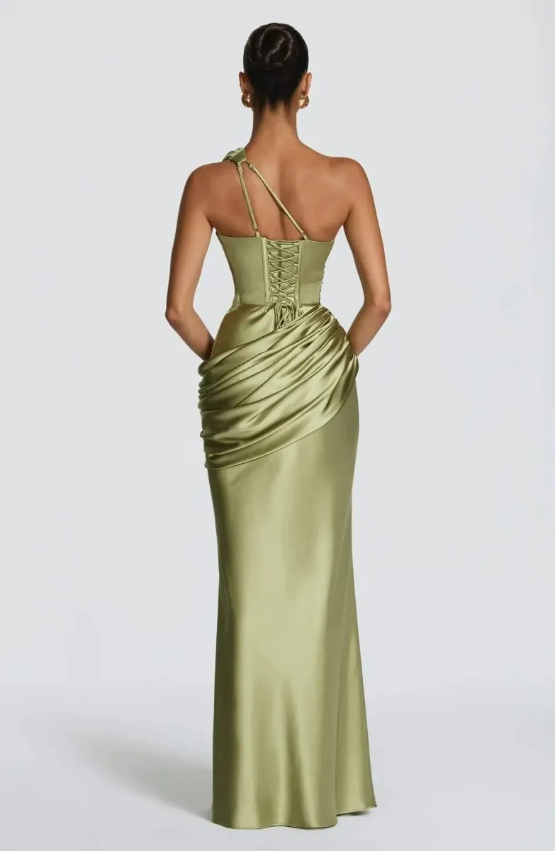 Elegant Women Satin One Shoulder Maxi Dress Chic Green Ruched Mermaid Slim Fit Flowy Vestidos 2026 Lady Summer Evening Vestidos