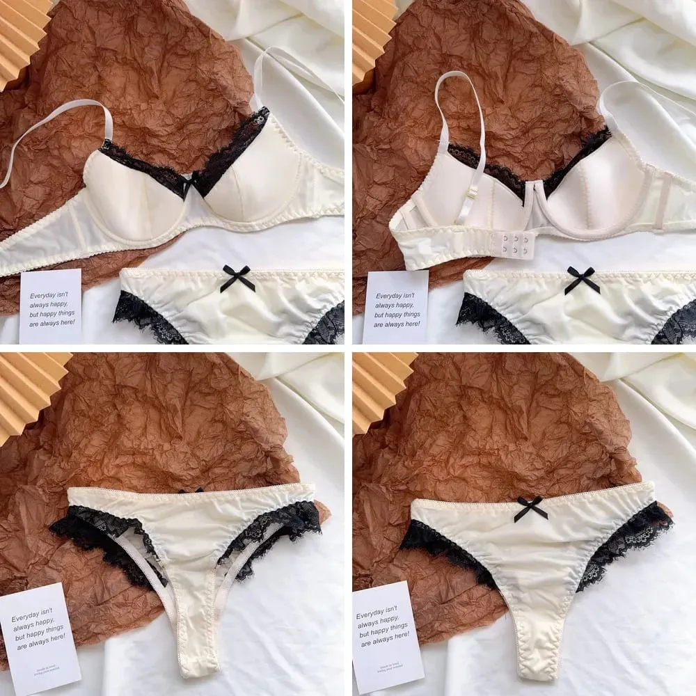 Satin Lace Lingerie Set for Women Push Up Bra & Briefs with Rabbit Ears Sensual Underwear