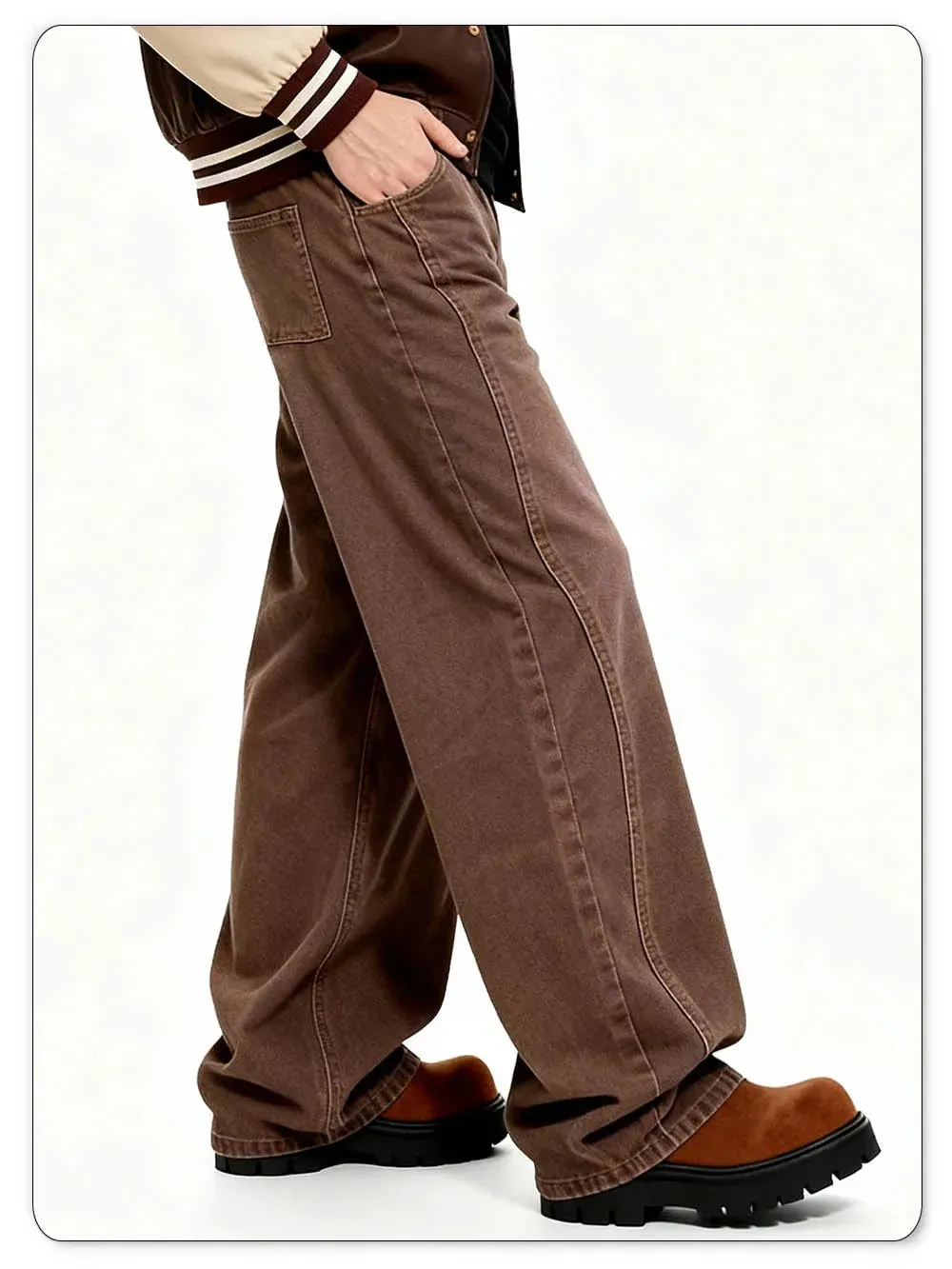 American Retro Men's Brown Casual Baggy Wide Leg Jeans Korean Cartoon Elephant Embroidery Loose Wide Leg Denim Pants Unisex