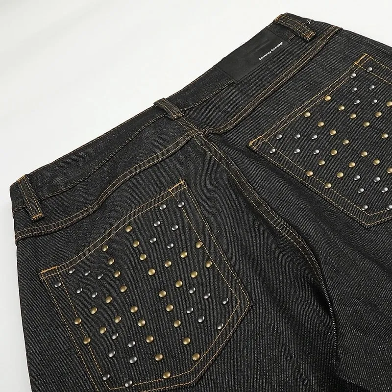 Men Raw Denim Wide‑Leg Jeans Rivet Decor Back Pockets Cuffed Hem Print Punk Streetwear Straight Long Pants 9X4317