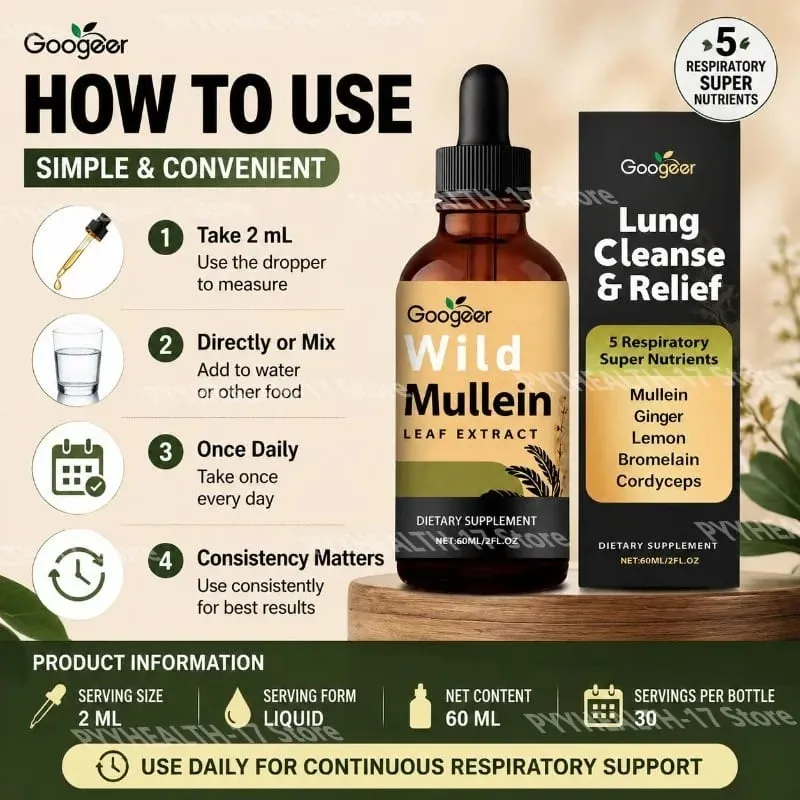 Extracto de hoja de gordolobo salvaje de Googeer, soporte respiratorio líquido, extracto de cáscara de limón y jengibre, extracto de bromelina y Cordyceps, 60 ML