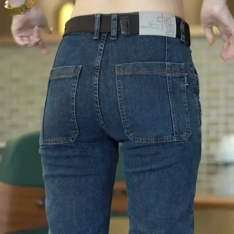 Spring Summer Thin Six Pocket Men's Jeans Elastic Straight Leg Casual Slim Fit Jeans Versatile Multi-Pocket Long Y2K Denim Pants