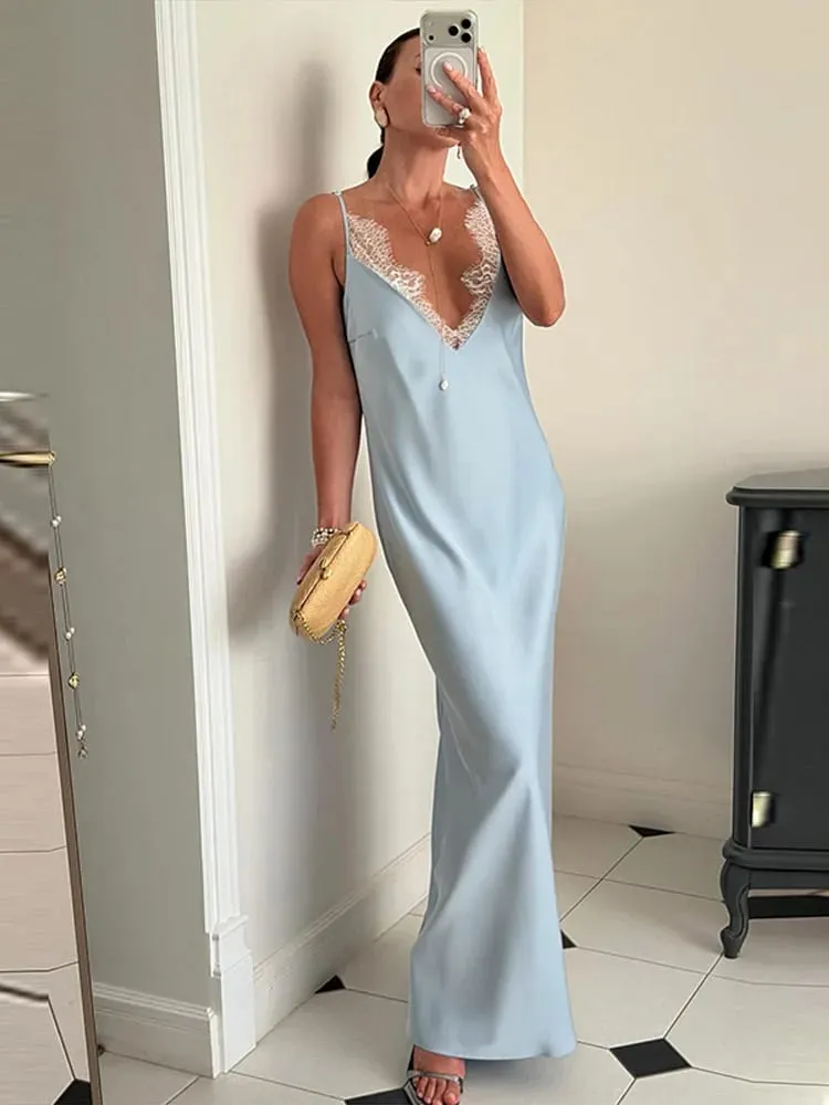 Elegant Lace Satin Summer Women's Dress Yellow V Neck Sleeveless Waist Cinching Strap Casual Dresses New Party Evening Robe 2026