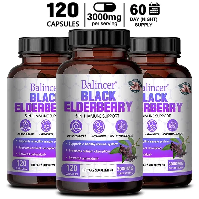 Black Elderberry Capsules with Milk Thistle Vitamin C Zinc Antioxidant Immune Support Skin Respiratory & Digestive Health