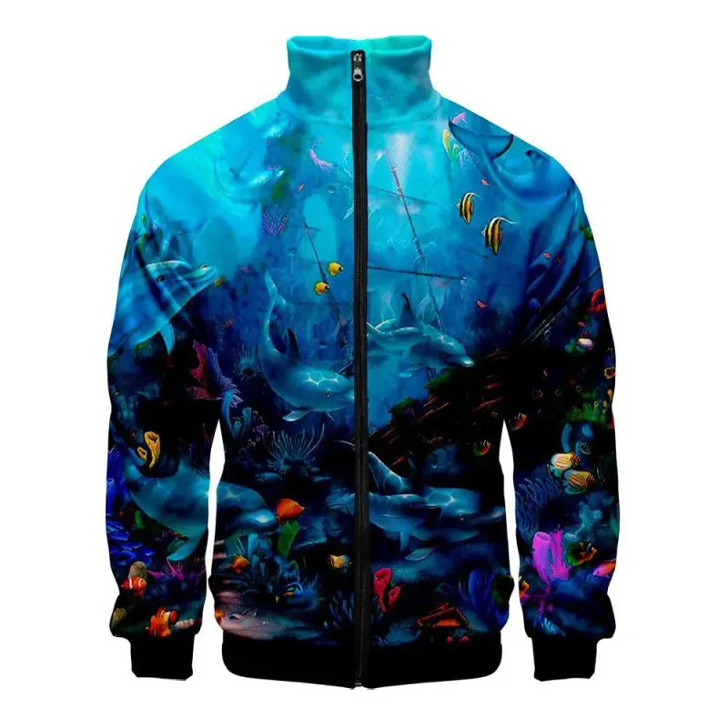 Harajuku Popular Novelty dolphin 3D Print Zipper Raglan Jacket Windbreaker Boys/Girls Comfortable Stand Collar Jackets Coats