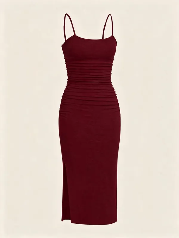 Women Spaghetti Strap Midi Dress Ruched Side Bodycon Slit Cami Pencil Midi Dress