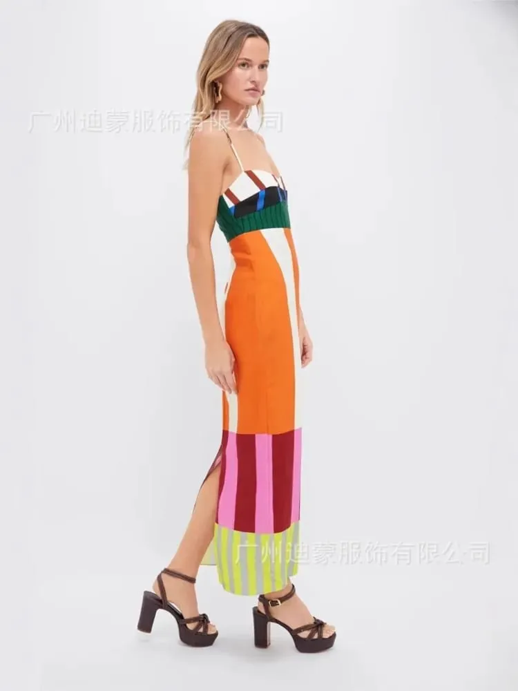 Elegant High Waist 2025 Party Long Dress Fashion Casual New Striped Colorful Women Sexy Spaghetti Strap Bohemian Mixi Dresses