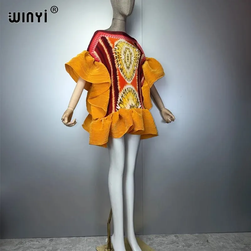 Women's Pleated Elastic Casual Short Dress Beach Cover up Kaftan Abaya Dubai Luxury Evening Wear Muslim Fashion