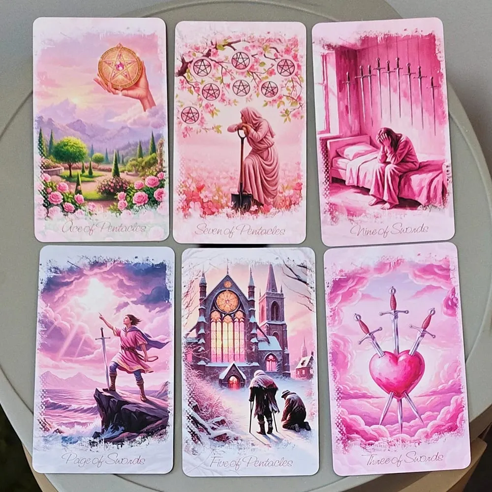 Pink Romantic Fantasy Tarot Deck in Tin Box 11*6.2cm 78-Card Full Deck with Instruction Book Spiritual Divination Oracle