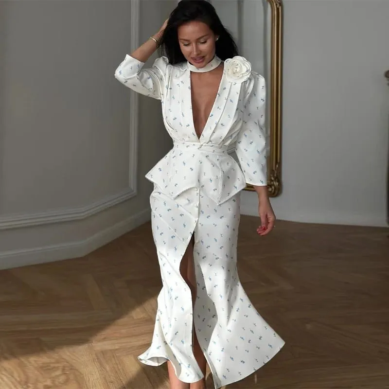 Elegant Women's Printed Waistband Long Dress 3D Flower V-neck Bubble Sleeve Patchwork A-line Dresses 2026 Spring Party Robe