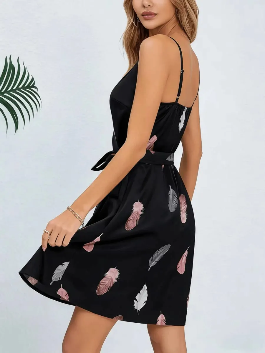 Mini Dress Spring Summer Women Black Satin Feather Print Spaghetti Strap Deep V Wrap Belted Casual Sexy Vacation Dress