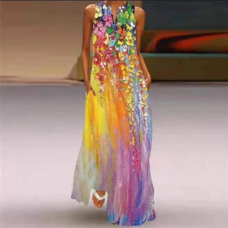 Women Dresses 2026 New summer wear sleeveless long dress V-neck printed emerald flower dress women's clothing vestidoes
