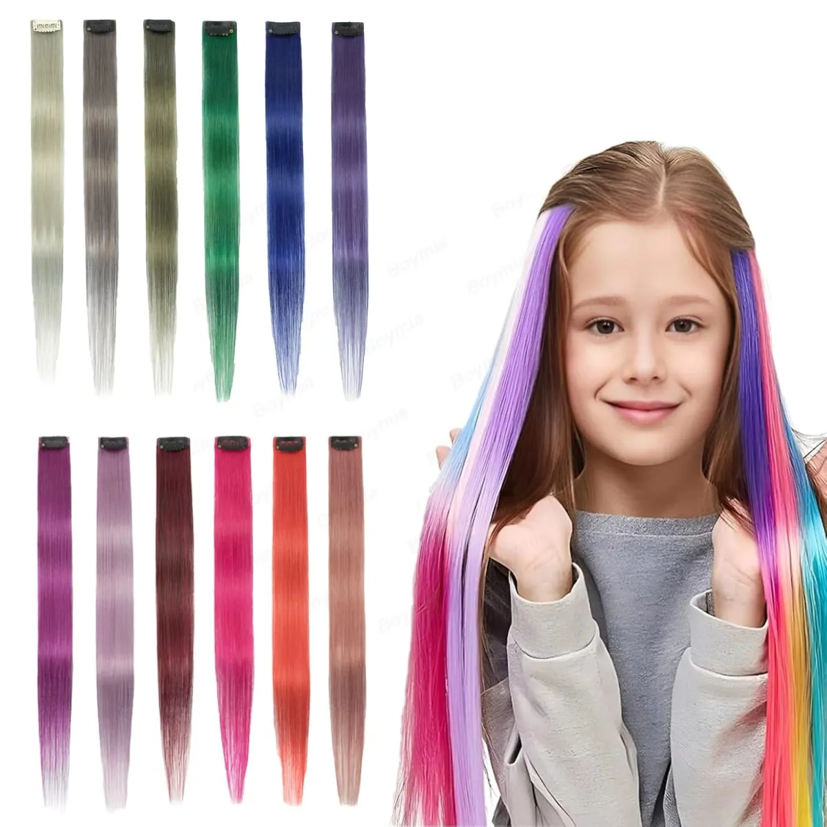 6PCS Colored Purple Hair Extensions Clip in Hair Extensions Straight Human Hairpiece for Halloween Christmas Cosplay 16Inches