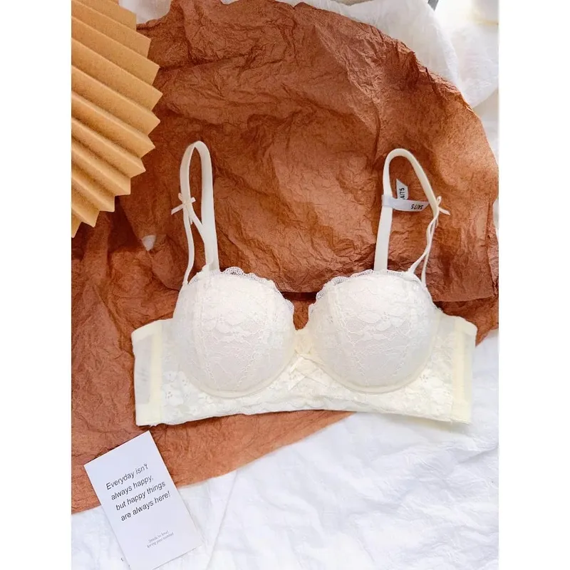 Sweet French Lace Women Bra Set Wire Free Push Up Lingerie Top Side Support Anti Sag Brassiere Panty Suit For Small Bust 32‑38