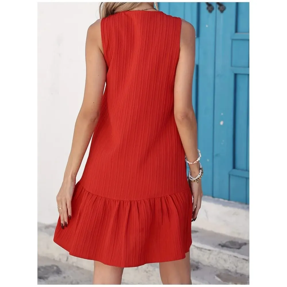 Summer New Fashion V-neck Solid Color Loose Seaside Women's Dress Casual Fashion Single-breasted Slim Sleeveless Dresses Female