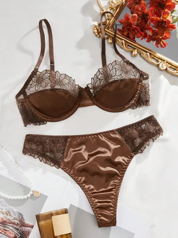 Hot-Selling 2-Piece Floral Embroidery Sexy Bra Set - Sunflower Embroidered Underwired Semi-Sheer Lingerie Set Ideal for Dates
