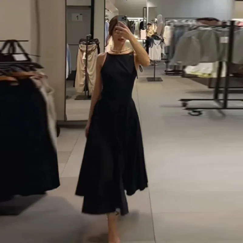 Chic Elegant Black Midi Dress Sleeveless A-line Classic Women's Dresses Timeless Summer Casual Office Trendy Timeless Outfit